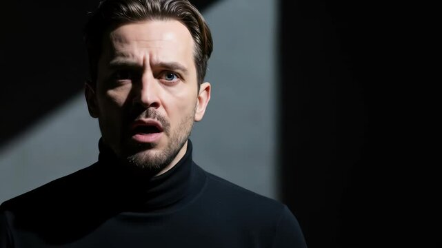 Caucasian adult man with shocking emotion expression. Male in dark room with cinematic light on his face. Dramatic moment and surprise concept footage.