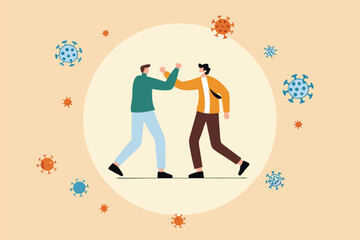 Social distancing, people keep distance and avoid physical contact, handshake or hand touch to protect from COVID-19 coronavirus spreading concept, people bump arm or elbow bump with virus pathogens