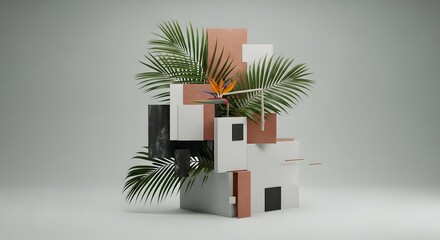 Geometric Still Life with Bird of Paradise and Palm Fronds on White Background