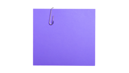 Purple sticky note with paperclip on blank white paper for business office reminder isolated on white or transparent png