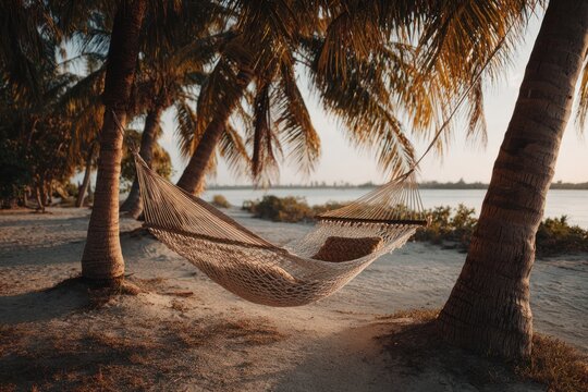 a cozy hammoc between two palm trees on beach.