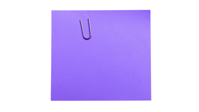 Purple sticky note with paperclip on blank white paper for business office reminder isolated on white or transparent png