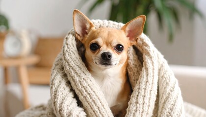 Tiny Chihuahua wrapped in a warm knit throw, peeking out with sleepy eyes in a cozy room.