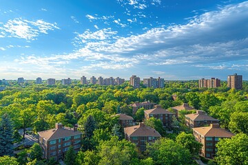 Urban landscape of residential buildings and green spaces.
