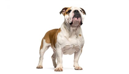 Adorable bulldog on white backdrop, looking up with charm, perfect for captions or copy.