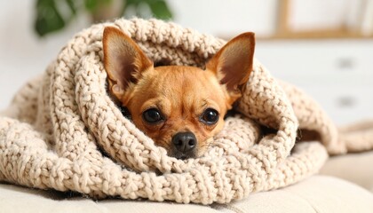 Cozy Chihuahua snuggled in a chunky knitted blanket, relaxing peacefully at home.