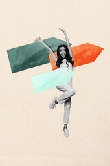 Artwork photo vertical collage of happy businesswoman dance arrow pointer development career growth...
