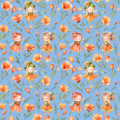 Hand-Painted Seamless Design with California Poppies and Flower Girls on Sky Blue