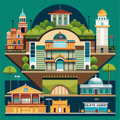 Architectural Sections and Elevations of a Building Collection Featuring Blueprints, Floor Plans, Construction Drawings, Structural Details, and Vector Illustration Set