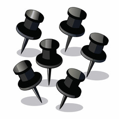 3D Black Push Pin Icon Set Featuring Different Angles, Office Tools, Map Pins, Location Markers, Stationery, and Modern Vector Illustration Collection