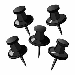 3D Black Push Pin Icon Set Featuring Different Angles, Office Tools, Map Pins, Location Markers, Stationery, and Modern Vector Illustration Collection