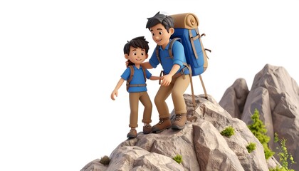 Adventurous dad and son duo in 3D cartoon form, enjoying a mountain trek with cheerful faces, white background.