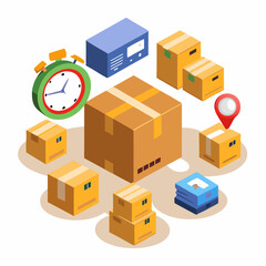 3D Fast Delivery Concept Featuring Cardboard Box, Shipping, Express Courier, Logistics, Package, and Modern E-commerce Vector Illustration Set