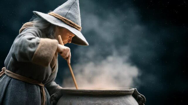 Woman in witch hat stirring a magical potion in a cauldron. Halloween wizardry and fantasy spell footage.