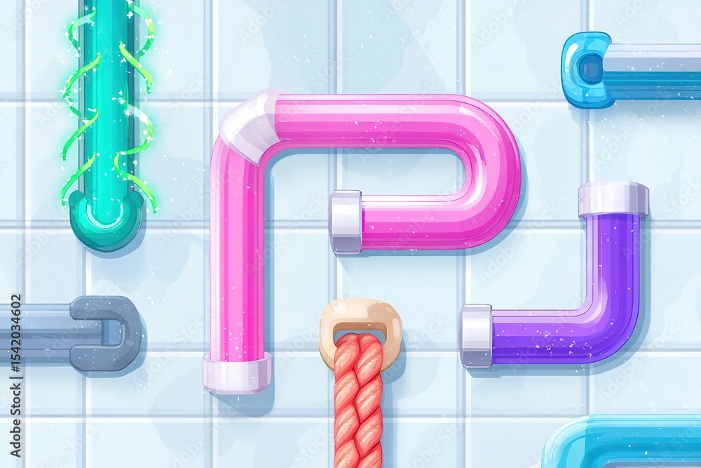 Poster colorful pipes and rope arrangement creating an abstract art piece in a light background setting