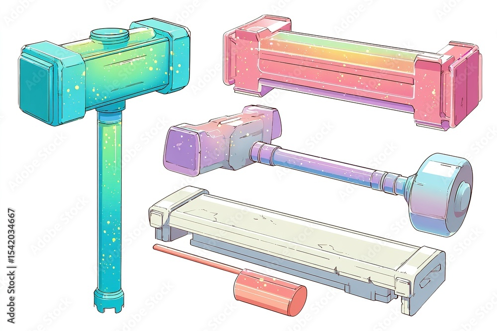 Poster colorful and vibrant cartoon hammers and tools set with celestial patterns suitable for various crea