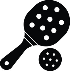 Pickleball paddle pointing down with rolling ball vector silhouette