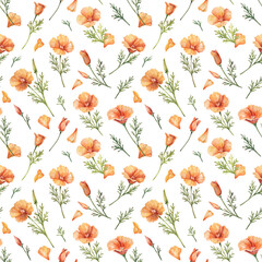 Seamless Watercolor Pattern with California Poppies