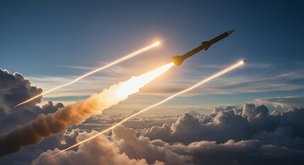 Missile Launching Against Cloudy Sky with Smoke Trails and Vapor Cones