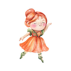 Cute Cartoon Redhead Flower Princess Dancing in California Poppy Dress