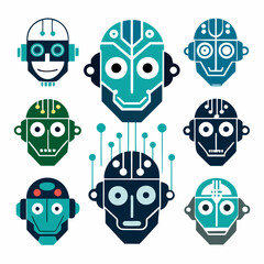 AI Robot Head Logo Collection Featuring Digital Circuits, Futuristic Design, Artificial Intelligence, Robotics, Tech Innovation, Smart Machine, and Modern Vector Icons Set