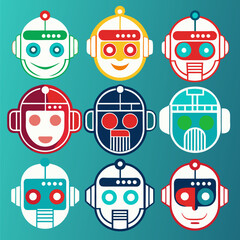 AI Robot Head Logo Collection Featuring Digital Circuits, Futuristic Design, Artificial Intelligence, Robotics, Tech Innovation, Smart Machine, and Modern Vector Icons Set