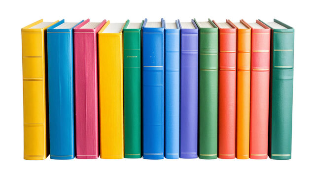 Row of colorful books isolated on white or transparent background