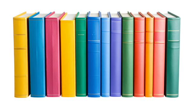 Row of colorful books isolated on white or transparent background