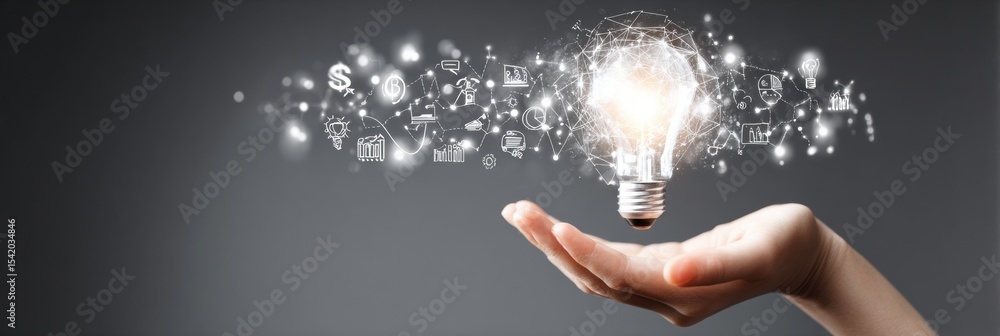 Poster hand holding a glowing lightbulb surrounded by floating business icons representing creative ideas a