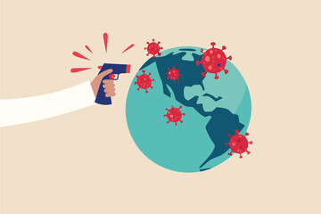 COVID-19 Coronavirus pandemic crisis in America, bad situation high cases and death in the US concept, hand holding infrared thermometer got high heat temperature on USA map on planet earth.