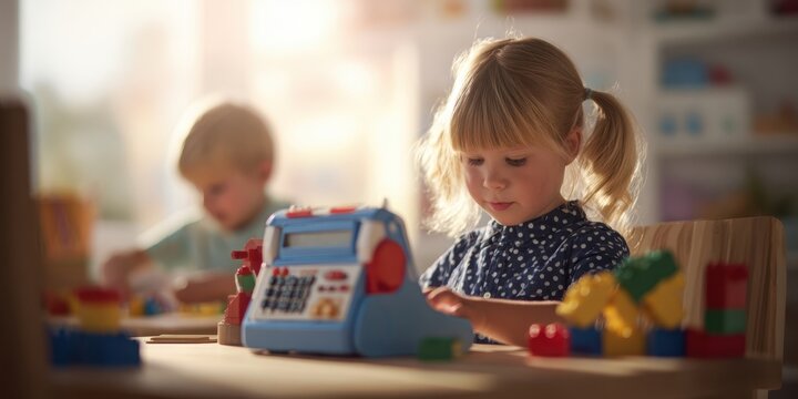 The child engaged in imaginative play with colorful toys at a learning table.