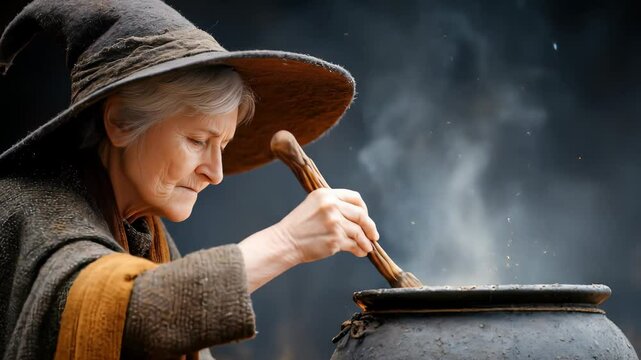 Old woman witch in a magic hat stirring a boiling cauldron with a wooden stick for a spell or potion footage.