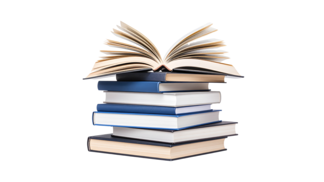 Stack of books and an opened book atop isolated on white