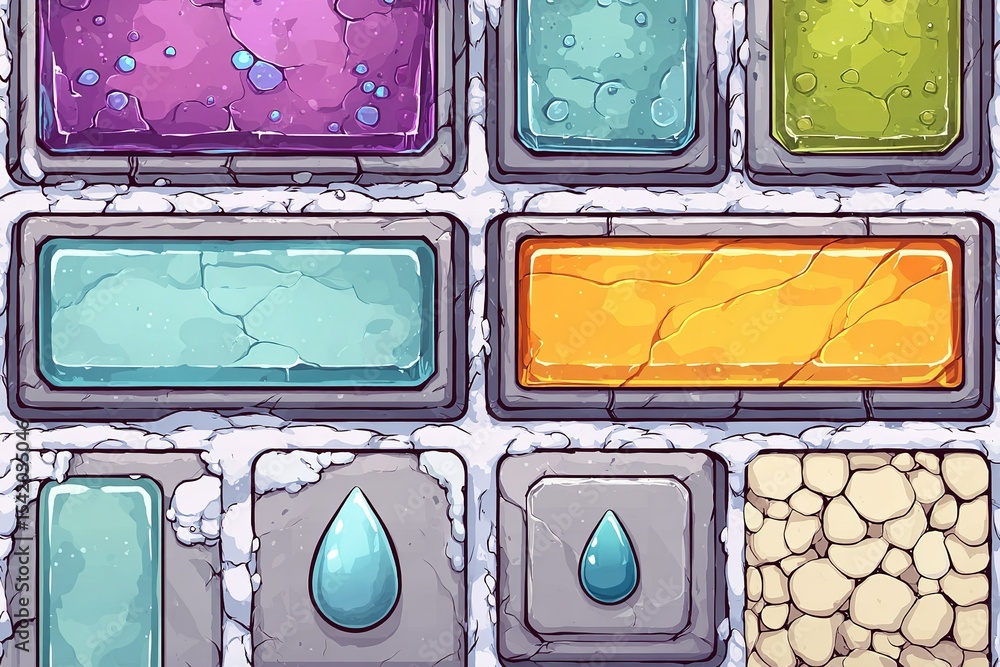 Poster colorful tiles with varying textures and shapes arranged in a grid reflecting light in a playful set