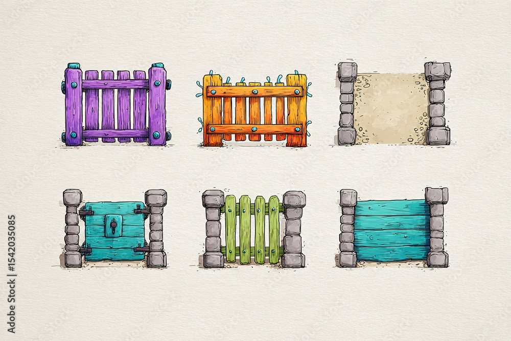 Poster hand-drawn colorful fences in various styles arranged in a creative layout showcasing unique designs