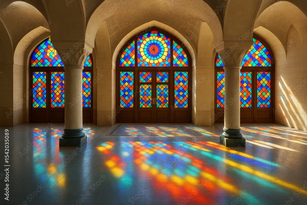 Poster colorful stained glass windows casting vivid light patterns on stone floor in arched hall with colum