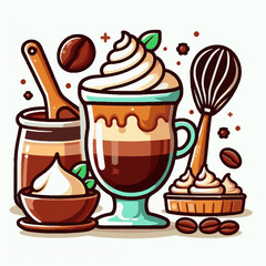 A stylized scene features a coffee drink a jar with a spoon a bowl of cream and a whisk