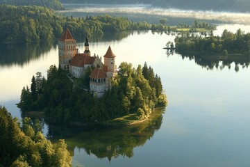 Fototapeta premium Picturesque island castle reflected in tranquil lake waters.