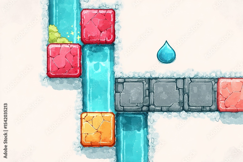 Aufkleber brightly colored puzzle game layout with flowing water and stone blocks in a whimsical design