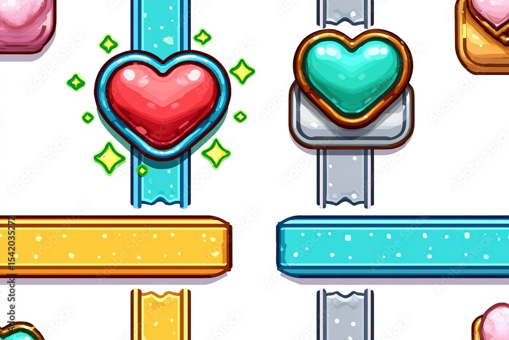 Poster colorful heart-shaped icons with sparkling effects arranged in a playful pattern on a bright backgro