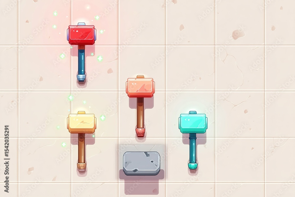 Poster colorful hammers displayed on a tiled surface in an artful arrangement for creative use or crafting