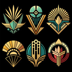 Art Deco Inspired Logo Collection Featuring Geometric Shapes, Elegant Patterns, Vintage Style, Luxury Design, Decorative Elements, Golden Lines, and Retro Vector Icons Set