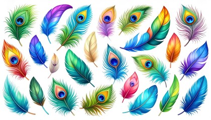 Whimsical feather collection in cartoon art, each representing a unique bird, on white.
