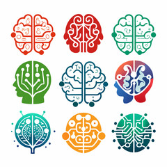 Artificial Intelligence Brain Logo Collection Featuring Neural Network, Tech Circuit, AI Concept, Digital Mind, Futuristic Design, Machine Learning, Robotics, and Smart Technology Vector Icons Set