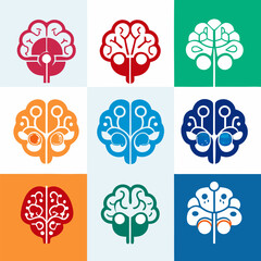 Artificial Intelligence Brain Logo Collection Featuring Neural Network, Tech Circuit, AI Concept, Digital Mind, Futuristic Design, Machine Learning, Robotics, and Smart Technology Vector Icons Set