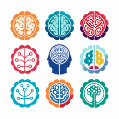 Artificial Intelligence Brain Logo Collection Featuring Neural Network, Tech Circuit, AI Concept, Digital Mind, Futuristic Design, Machine Learning, Robotics, and Smart Technology Vector Icons Set