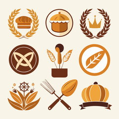 Artisan Bakery Logo Collection Featuring Bread, Whisk, Rolling Pin, Pastry Icons, Fresh Baked Goods, Rustic Style, Culinary Design, Cafe Branding, and Bakery Vector Illustration Set