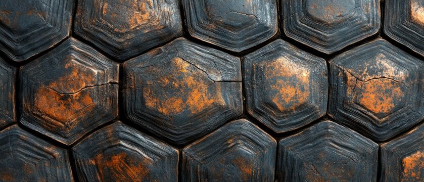 Turtle shell texture with copy space. Close-up turtle pattern. Reptile shell design. Turtle scales. Realistic turtle shell. Turtle design texture. Detailed turtle shell close-up. Wild Animal texture.