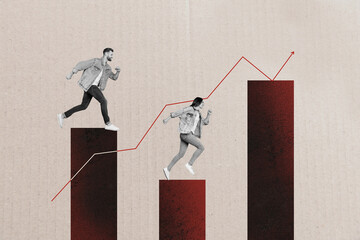 Creative poster image art collage of happy businessman businesswoman receive progress goal...