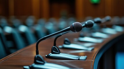 Close-up View of a Microphone in a Conference Room with Empty Chairs and Wood Paneling, Symbolizing Discussions and Decision-Making in Professional Settings